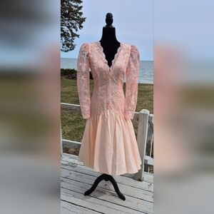 1980s pretty in peach, lace, drop waist, V neck and back, high low, prom, formal